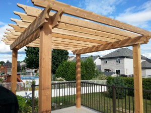 Western red cedar and pressure treated lumber - vinyl deck pergola install Ottawa
